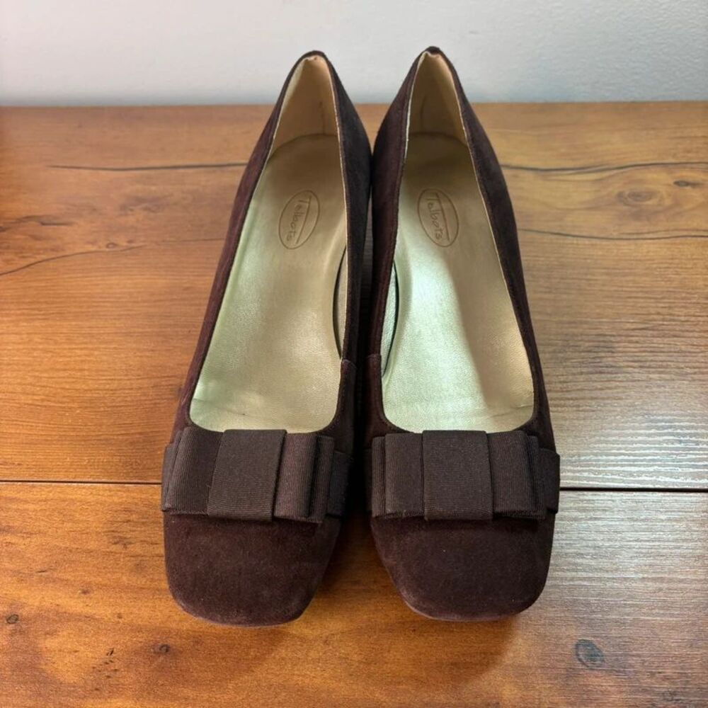 Vintage Y2K Talbots Shoes Womens 9 W Brown Suede Bow Heels Low Block Pumps Wide